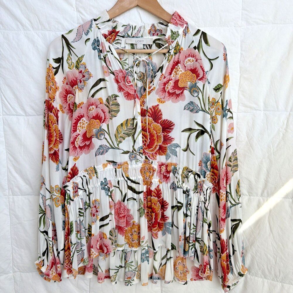 LOFT Women's S Floral Smocked Waist Peplum Blouse Ruffle Neck Long Sleeve